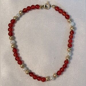 14K Yellow Gold, Pearl, and Red Gemstone Bracelet
